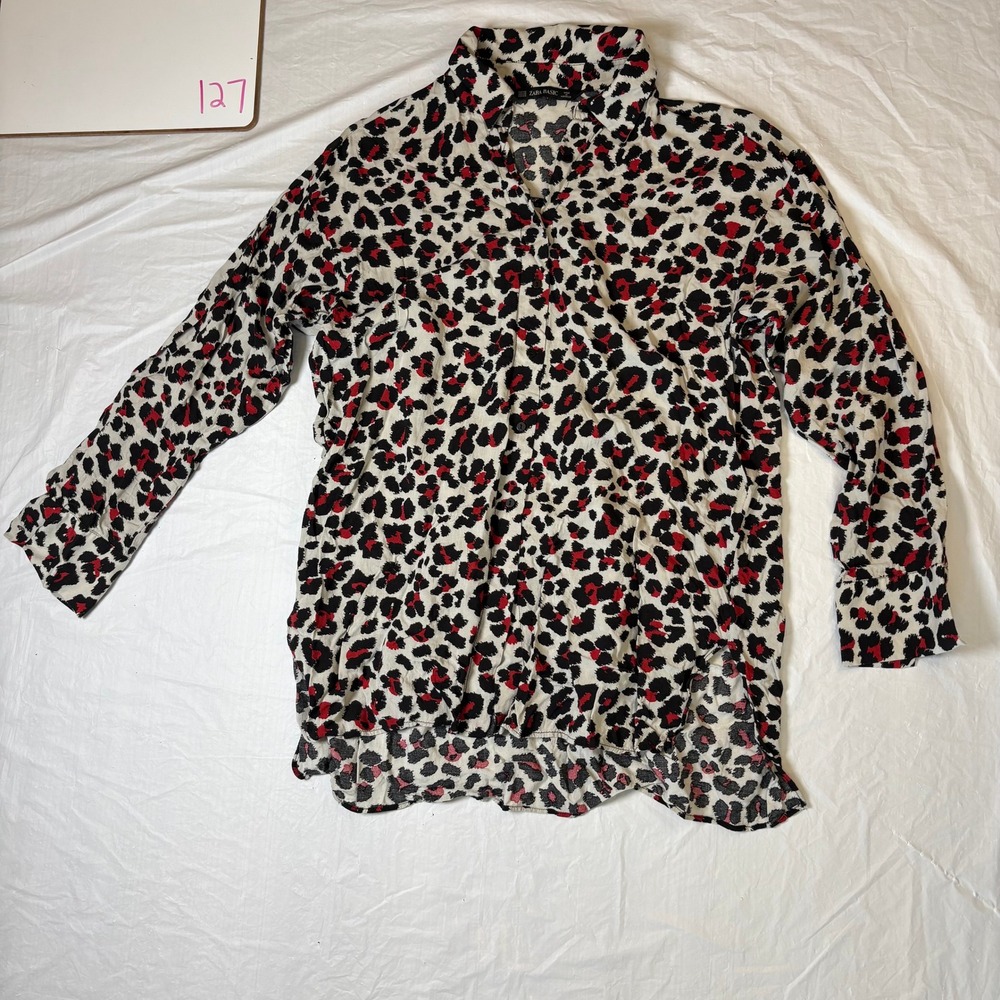 ZARA BASIC Leopard Print Button Up Shirt Long‎ Sleeve Women XS red black white